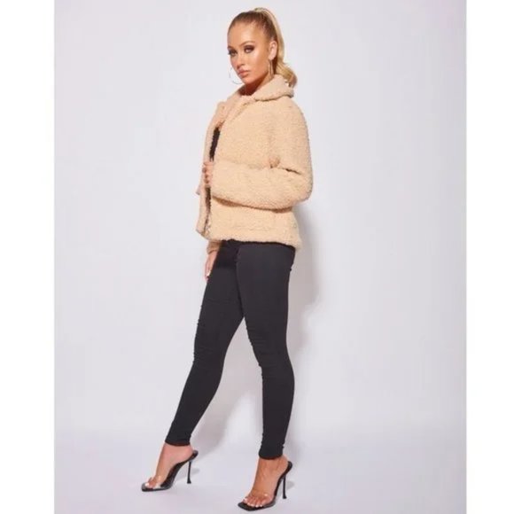 Camel Long Sleeve Collared Teddy Bear Fur Trucker Jacket - Picture 4 of 14